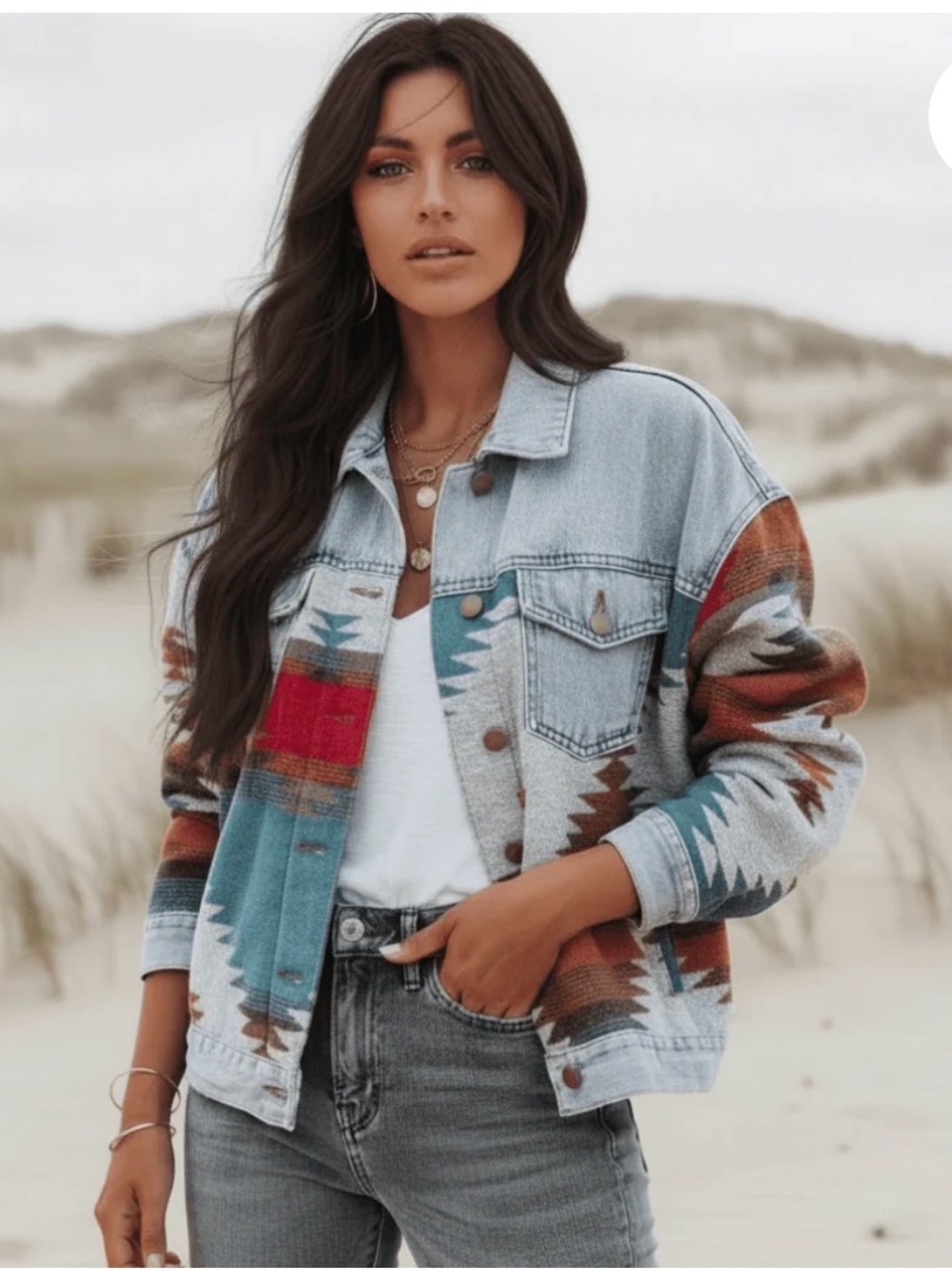 NWOT VICI Light Wash Denim Aztec Print Jacket ~ Large